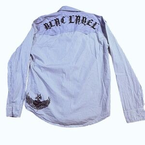 Black Label Premium Mens 2X Western Snap Shirt Purple Gingham Skull Gothic Back